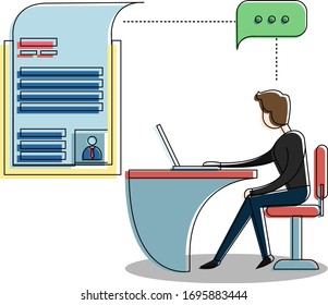 Businessman vector concept with male figure wearing a suit while typing a portfolio on his laptop below a message bubble icon, isolated in white background