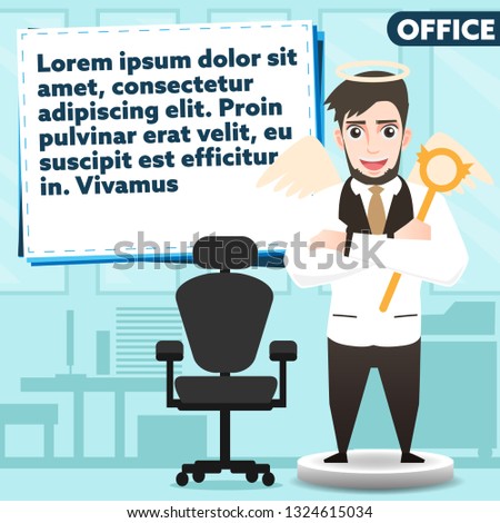 businessman vector and copy space for text,officeman with angel costume in good mood,Good leader of office and  strategy board and chair with office room background,personnel positive thinking vector.