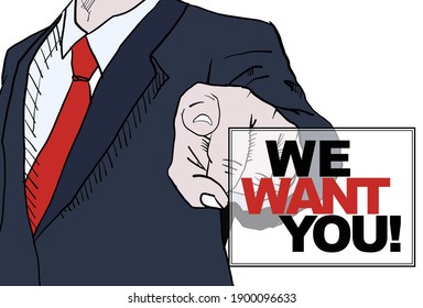 Businessman vector graphic, pointing with his finger. We want you, we're hiring and job vacancy graphic concept. 