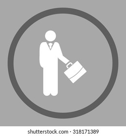 Businessman vector icon. This rounded flat symbol is drawn with dark gray and white colors on a silver background.