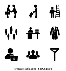 businessman vector icons. Set of 9 businessman filled icons such as man with luggage, tie, man with laptop, man working at the table, jacket, user group