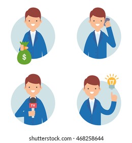 Businessman vector icons set flat style, business concept