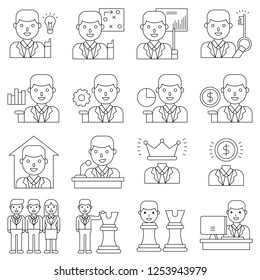 Businessman vector illustration set, line design icon