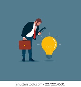 Businessman verify or validate light bulb idea and make approval. Analyze and choose best business idea. Modern vector illustration in flat style.