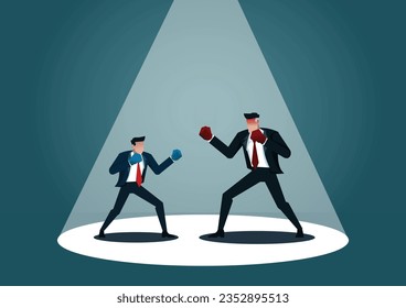 Businessman versus bigger businessman competitor boxing gloves, two men fighting against. Business challenge fight business competition concept. starting fight each other. combat vector illustration.