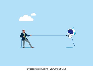 Businessman versus cyborg with artificial intelligence pulling opposite ends of rope. Flat vector illustration