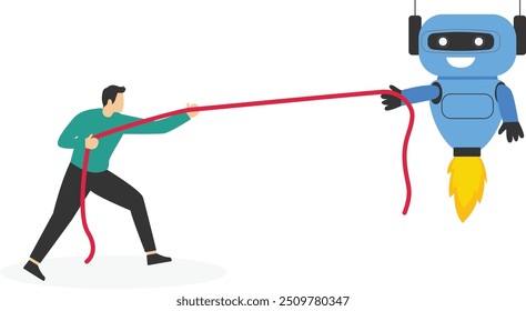 Businessman versus cyborg with artificial intelligence pulling opposite ends of rope. Flat vector illustration

