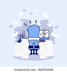 Businessman very busy on office table. work hard concept. Cartoon character thin line style vector.