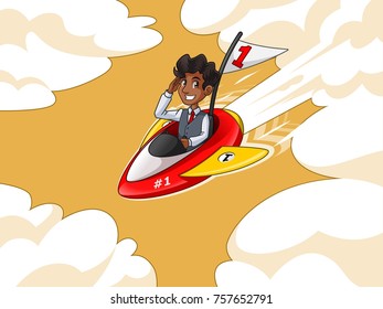 Businessman in vest riding a rocket with number one flag flying through the sky, against yellow background.