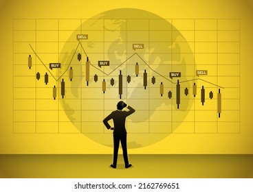 Un empresario ve y analiza la inversión en el gráfico de barras.