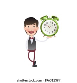 Businessman with vintage clock over white background