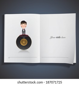 Businessman with vinyl printed on book. Vector design 