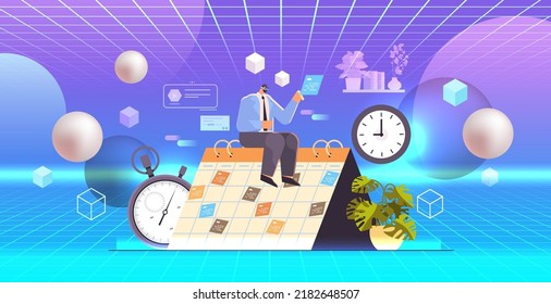 Businessman In Virtual Reality Digital Glasses Planning Day Scheduling Appointment Agenda Meeting Plan