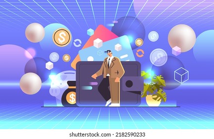 businessman in virtual reality glasses near wallet saving money getting profit high income investment earning finance success