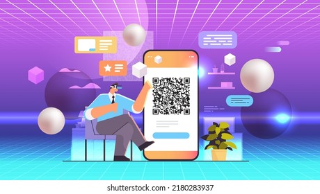 businessman in virtual reality glasses scanning QR code on smartphone screen readable barcode verification