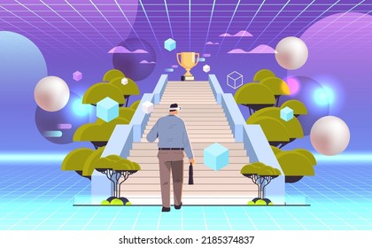 businessman in virtual reality glasses walking up stairway to golden trophy cup path to successful growth victory vr vision