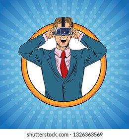 Businessman virtual reality pop art cartoon