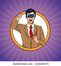 Businessman virtual reality pop art cartoon