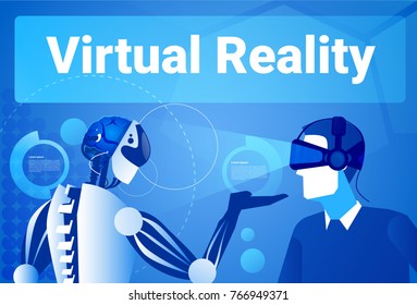 Businessman In Virtual Reality Using Modern Robot Man In Vr Goggles Concept Vector Illustration