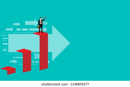 Businessman Vision Concept, Man Looking Through Binoculars And See Successful. Illustration Vector Flat