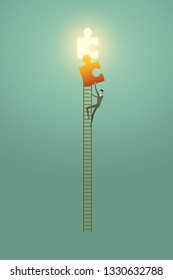 Businessman vision creative concept solution opportunities on top of ladder climb puzzle elements success. illustration - vector