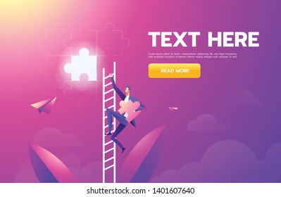 Businessman vision creative concept solution opportunities on top of ladder climb puzzle elements success. illustration - vector.