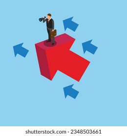 Businessman vision and target, Business man holding telescope standing on red arrow up go to success isometric 3d vector concept for banner, website, illustration, landing page, etc - Powered by Shutterstock - Get 15% off with code: PIKWIZARD15