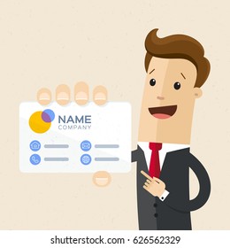 Businessman with visiting card in his hand. Man in business suit holds card with company logo name. Mock up, template. Vector, illustration, flat