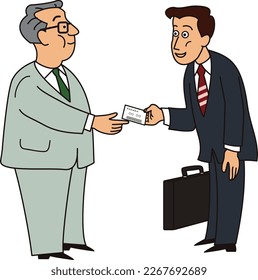 A businessman visiting a company and handing a business card to the person in charge