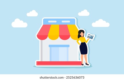 A businessman vlogs or records himself next to a store, illustration of the promotion of the marketplace business he has built.