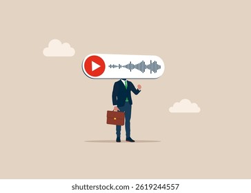 Businessman with a voice message and sound waves instead of a head on shoulders. Discussion, conversation, meeting, team communication. Flat vector illustration.