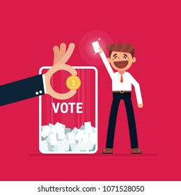 Businessman vote at ballot box. Vector illustration, buy vote
