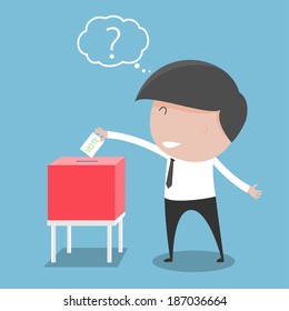 Businessman vote at ballot box. Vector illustration