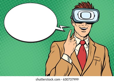 Businessman in VR glasses, the idea. Pop art retro vector illustration