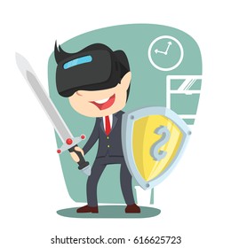 businessman with vr headset holding shield and sword