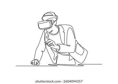 Businessman with VR. virtual reality goggles are working in the office. Technology in business concept. Single line draw design. Vector graphic illustration