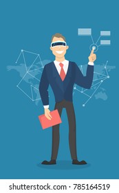 Businessman with vr working with smart touch space.
