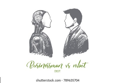 Businessman vs robot concept. Hand drawn modern technologies replace real persons. Robotics industry isolated vector illustration.