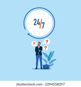 Businessman waiting for a call support service. 24 hours watch with arrow. Modern vector illustration in flat style