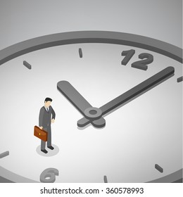 A businessman is waiting. Checking the time a big clock. Time management business concept. Isometric illustration vector.