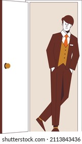 A businessman is waiting for clients at the office door.