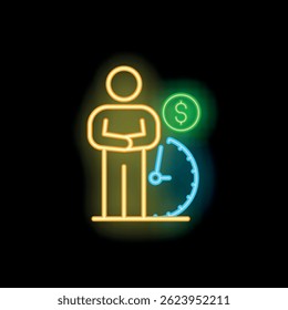 Businessman waiting for payment standing near clock and dollar sign neon icon