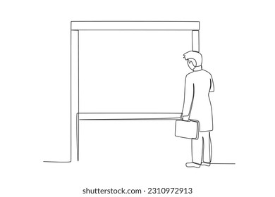 A businessman waiting for the train at the station. Train station activities one-line drawing