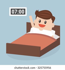 Businessman wake up early, vector, flat design