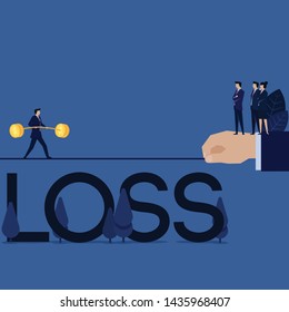 Businessman walk above rope with loss under it metaphor of taking risk. Illustration For Wallpaper, Banner, Background, Book Illustration, And Web Landing Page.