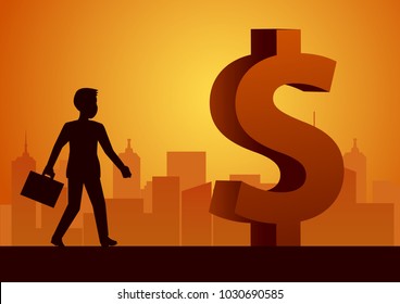 Businessman Walk Ahead To Big Dollar Sign That Mean Rich And Success,concept Illustration