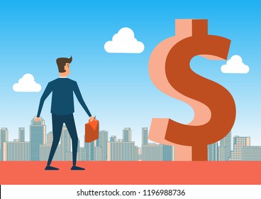 Businessman Walk Ahead To Big Dollar Sign That Mean Rich And Success,concept Illustration