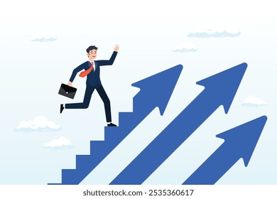 Businessman walk up arrow stair for victory, step to success, improvement, challenge or career growth development, leadership progress, career path direction or stairway to win business concept