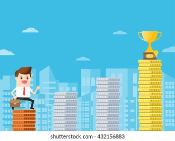 businessman walk up bar graph of coins to get golden trophy award 