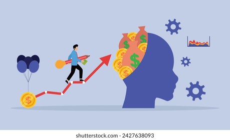 Businessman walk up a chart to bags of money inside a head vector illustration